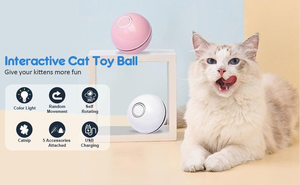 Automatic Smart Cat Toys Ball Interactive Catnip USB Rechargeable Self Rotating Colorful Led Feather Bells Toys for Cats Kitten Build-in Spinning Led Light Stimulate Hunting Instinct